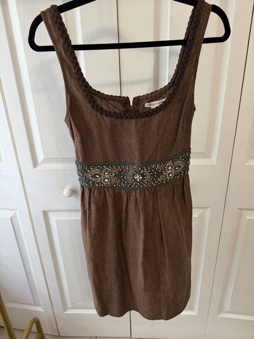 Alice + Olivia Brown Linen Mini Dress with Embellished Waist